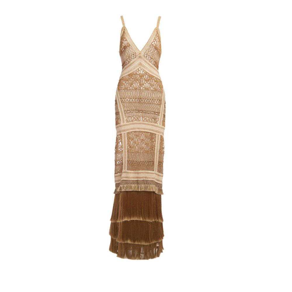 NEW PATBO wood beaded fringe maxi dress in natural - Picture 3 of 3